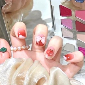 24pcs peach pink tie bow press on nails short